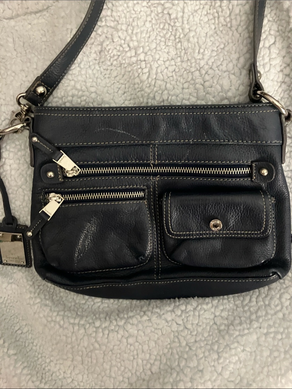 Navy Women's Leather Crossbody Bag with Front Pockets